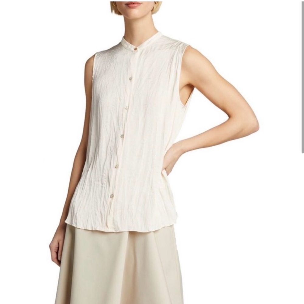 Vince Womens Sleeveless Crushed Satin Band Collar Blouse